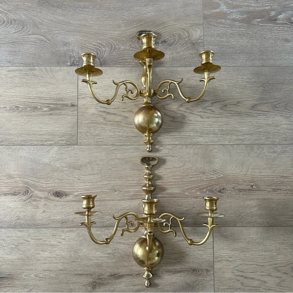 Vintage Solid Brass Three Candle Holders Wall Mount 2 As Set